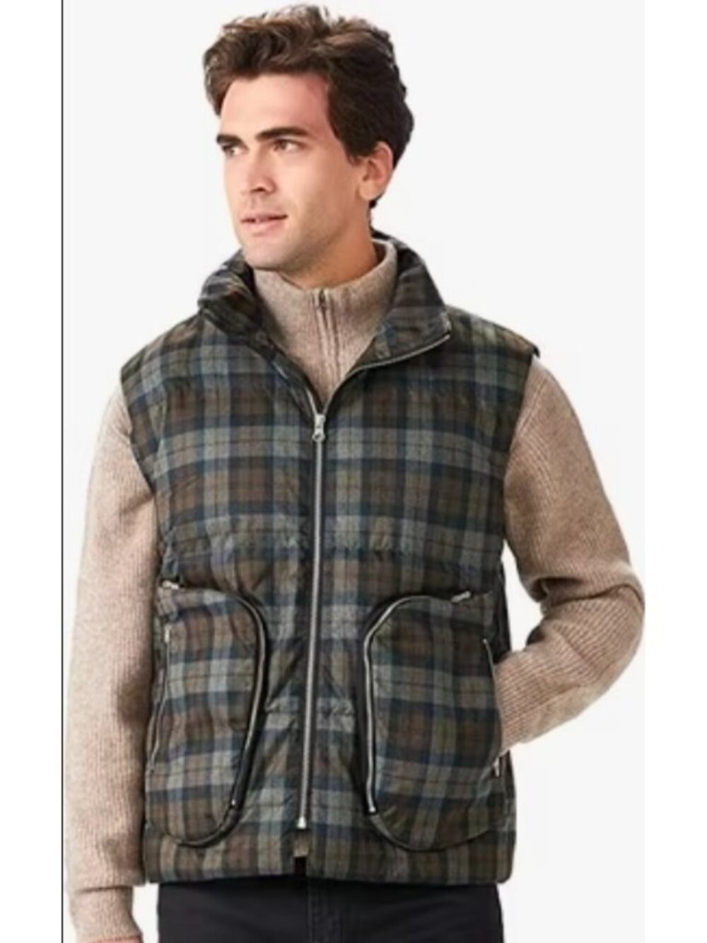 New! Orolay Mens XL Plaid Puffer Vest Brown Gray Full Zip Down Zip Pockets